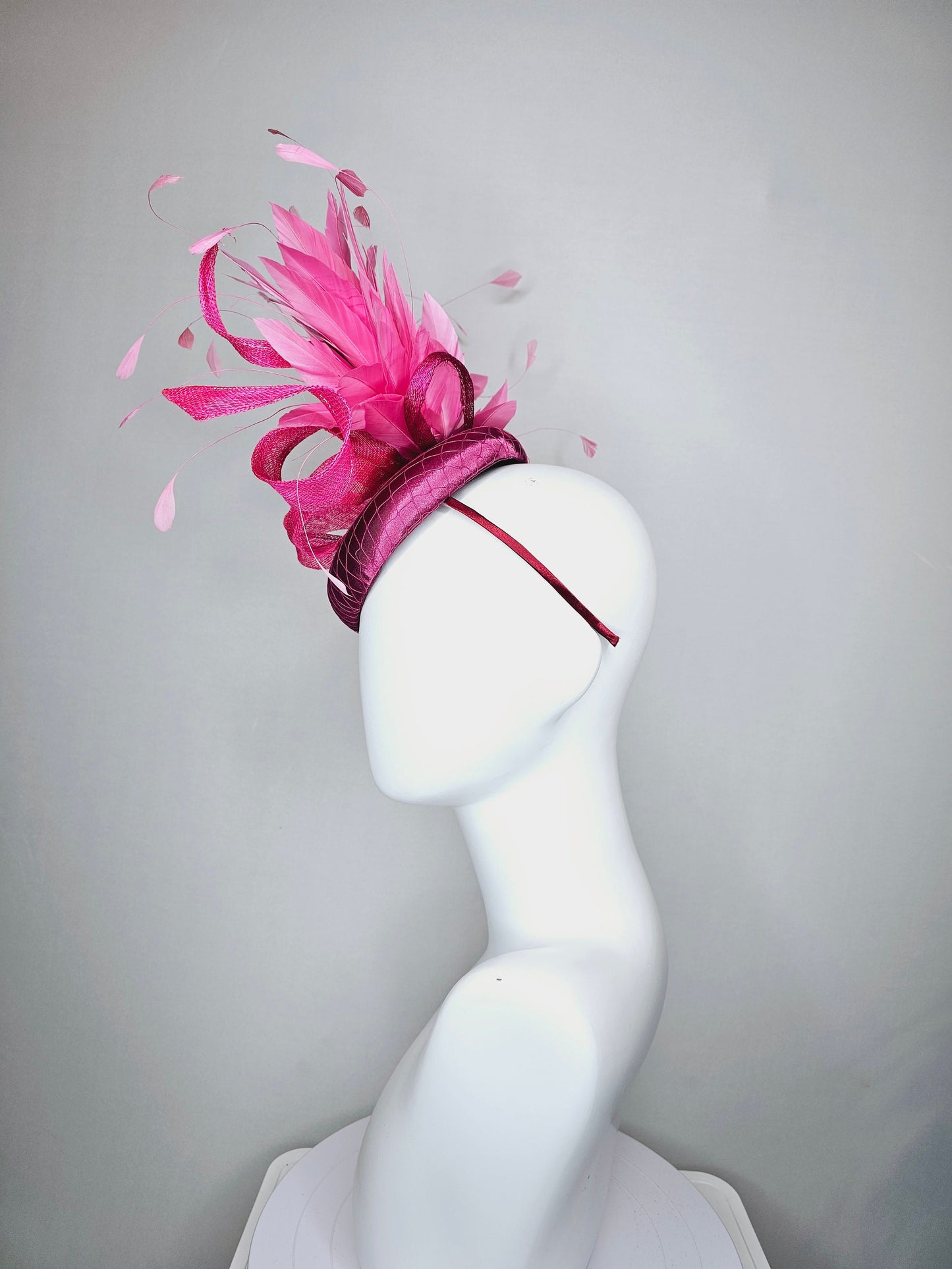 kentucky derby hat fascinator purple magenta satin with large hot pink sinamay curls with pink feathers