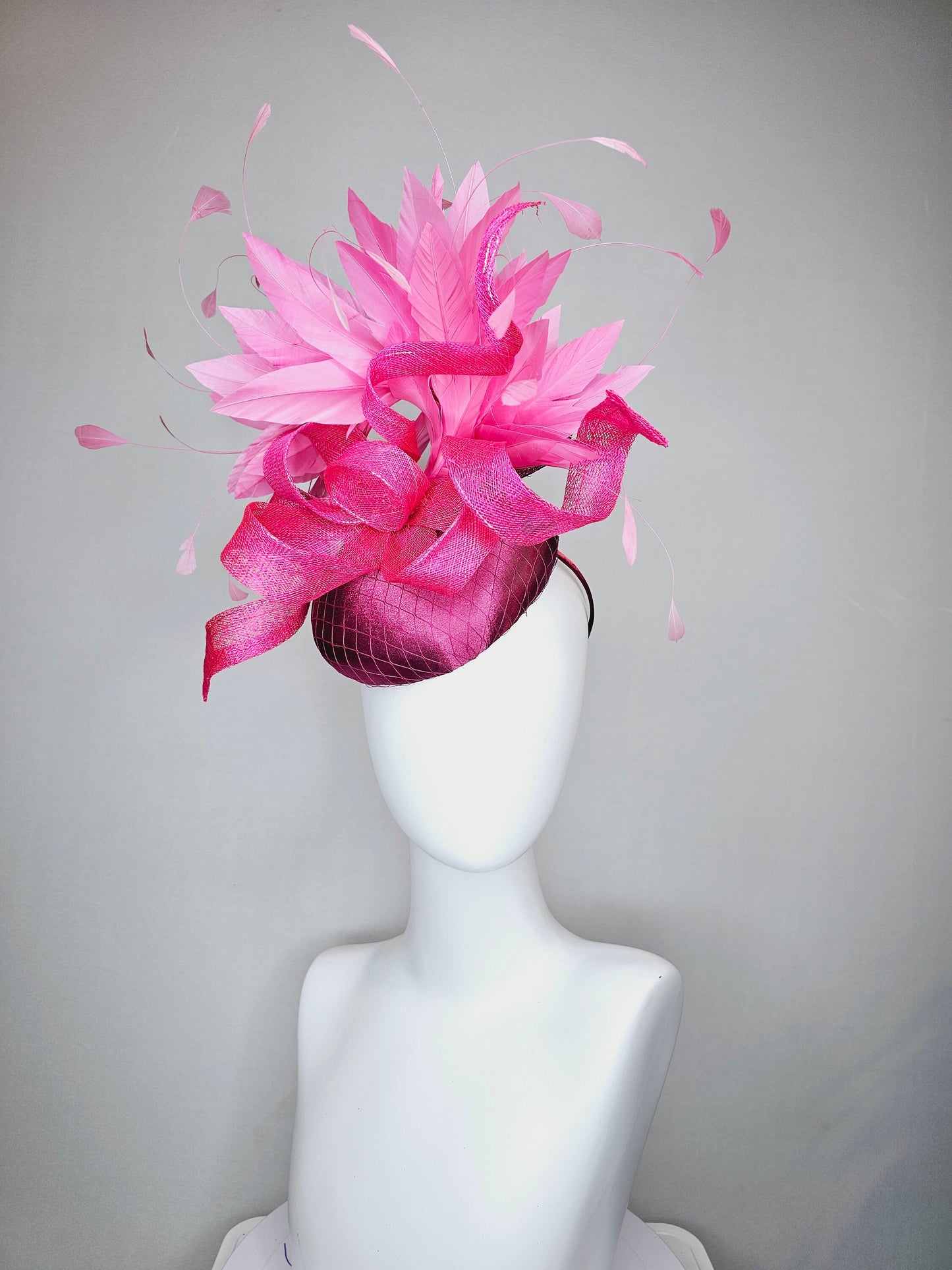 kentucky derby hat fascinator purple magenta satin with large hot pink sinamay curls with pink feathers