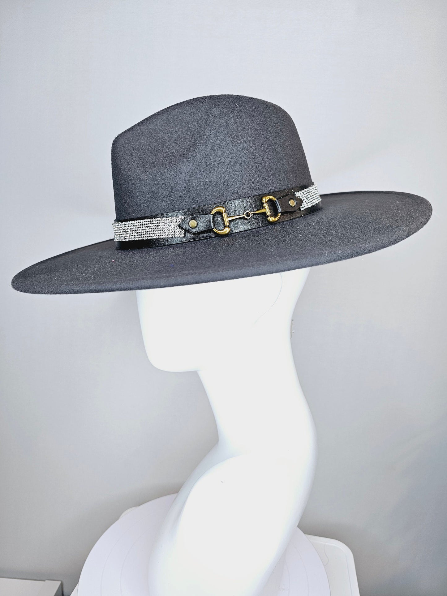 kentucky derby hat wide brim black felt fedora rancher panama hat with crystal band with stunning vegan leather and gold horsebit  decor
