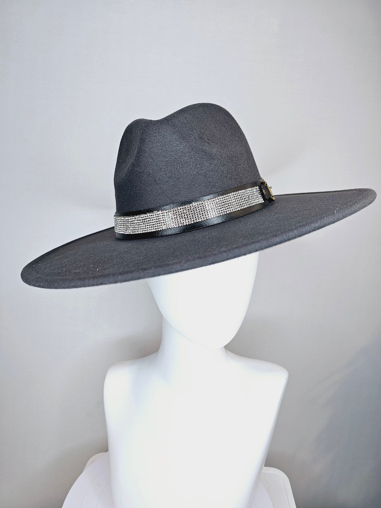 kentucky derby hat wide brim black felt fedora rancher panama hat with crystal band with stunning vegan leather and gold horsebit  decor
