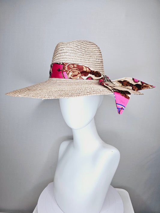 kentucky derby hat wide brim natural beige palm straw trimmed fedora rancher hat with silver horsebit navy pink equestrian scarf