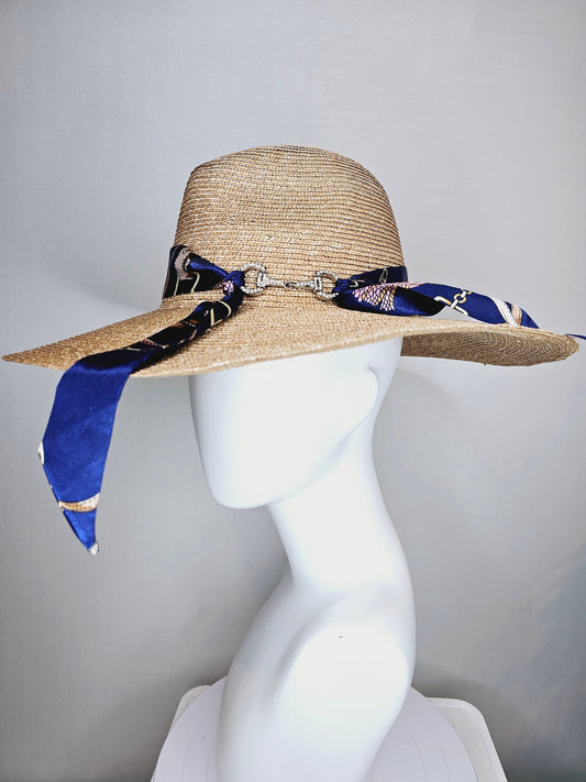 kentucky derby hat wide brim natural beige straw trimmed fedora rancher  hat  silver crystal horsebit  horse navy blue  equestrian scarf