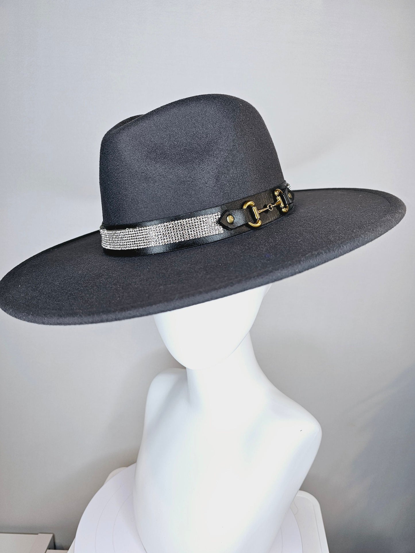 kentucky derby hat wide brim black felt fedora rancher panama hat with crystal band with stunning vegan leather and gold horsebit  decor