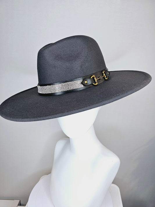 kentucky derby hat wide brim black felt fedora rancher panama hat with crystal band with stunning vegan leather and gold horsebit  decor
