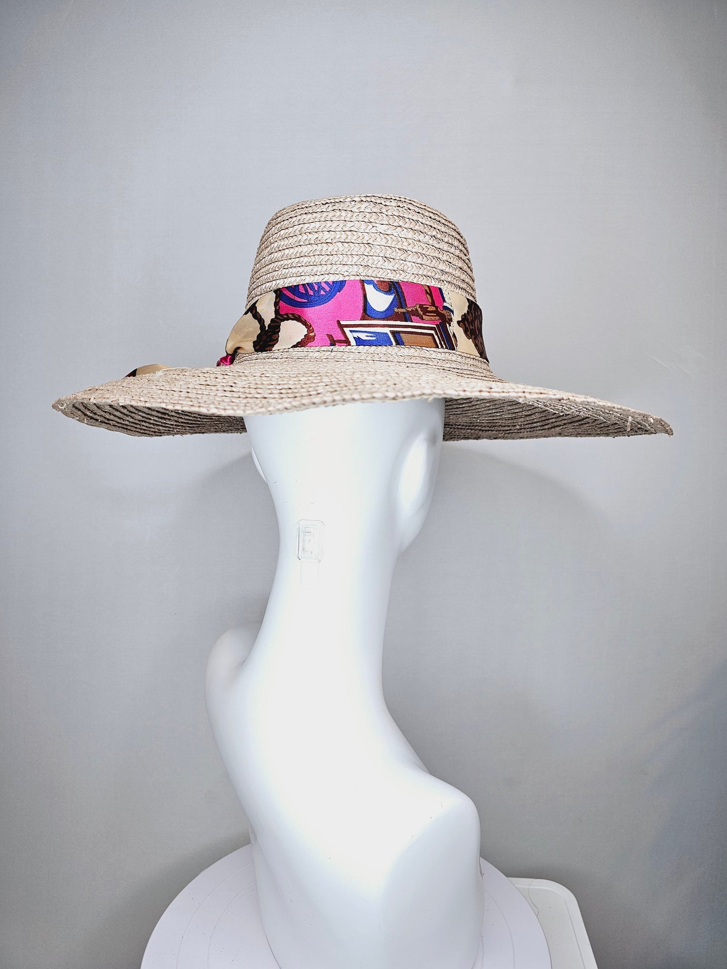 kentucky derby hat wide brim natural beige palm straw trimmed fedora rancher hat with silver horsebit navy pink equestrian scarf