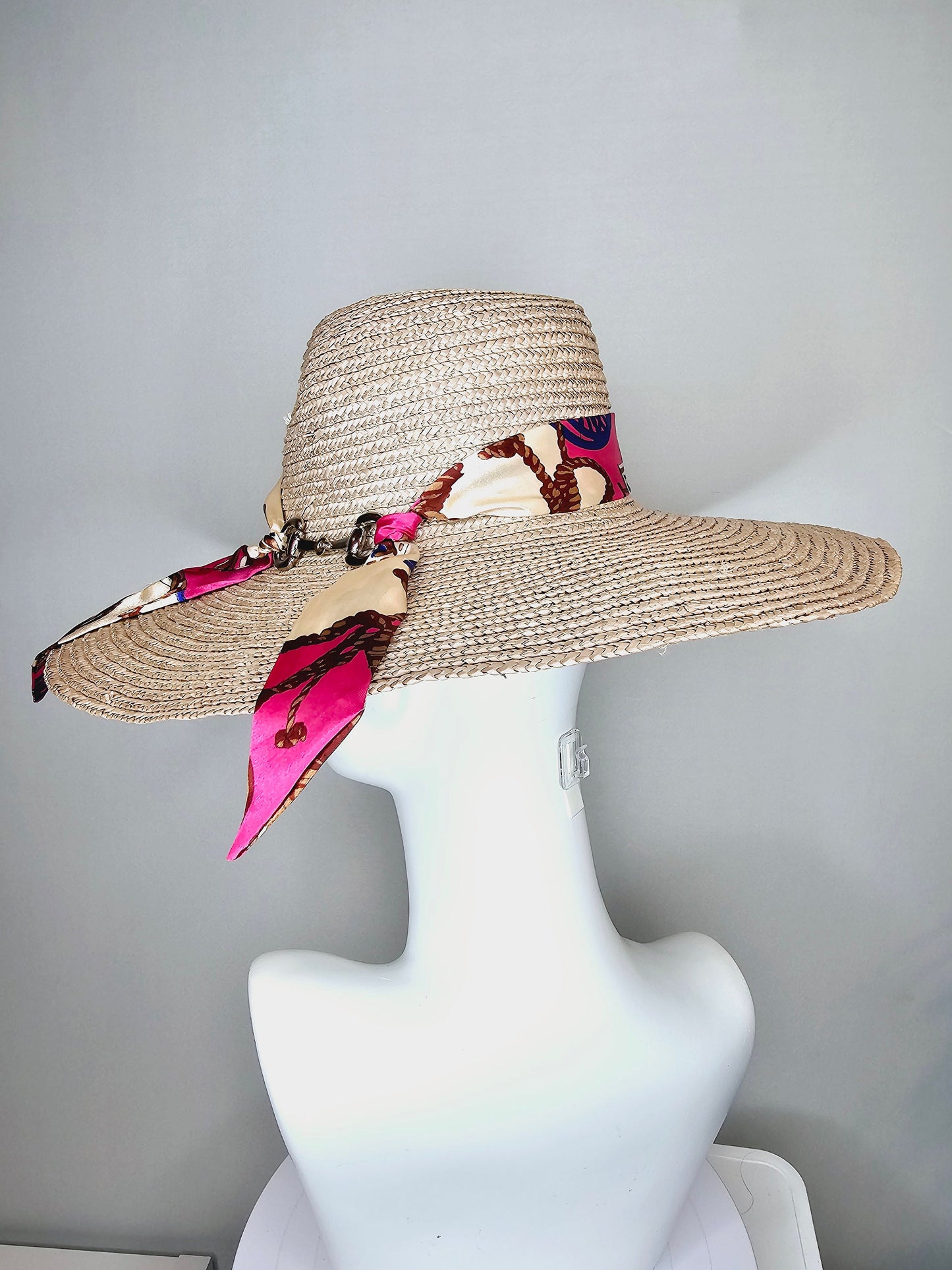 kentucky derby hat wide brim natural beige palm straw trimmed fedora rancher hat with silver horsebit navy pink equestrian scarf