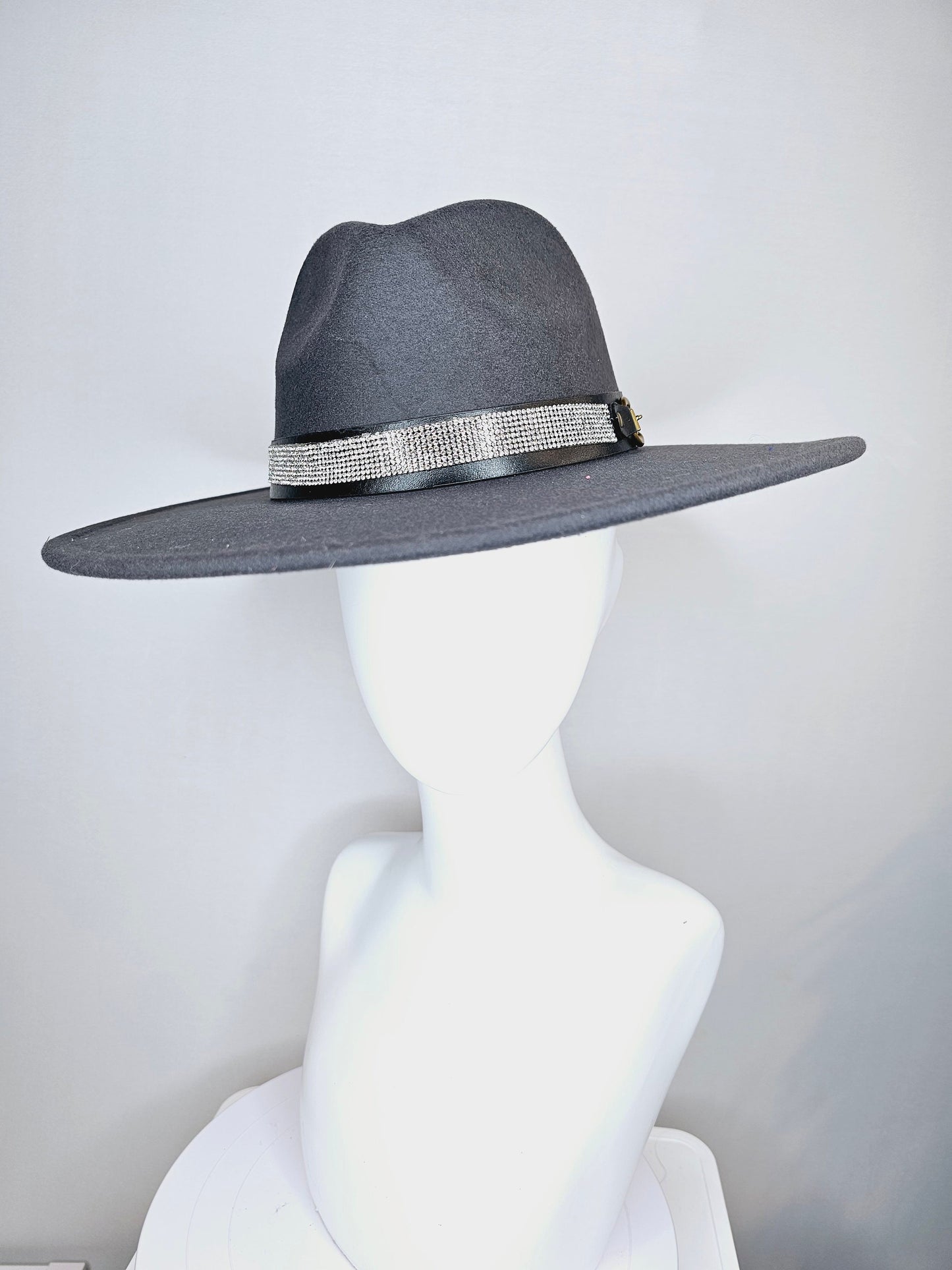 kentucky derby hat wide brim black felt fedora rancher panama hat with crystal band with stunning vegan leather and gold horsebit  decor