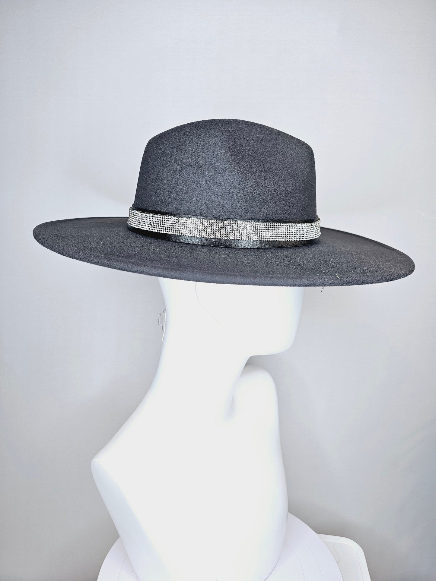 kentucky derby hat wide brim black felt fedora rancher panama hat with crystal band with stunning vegan leather and gold horsebit  decor