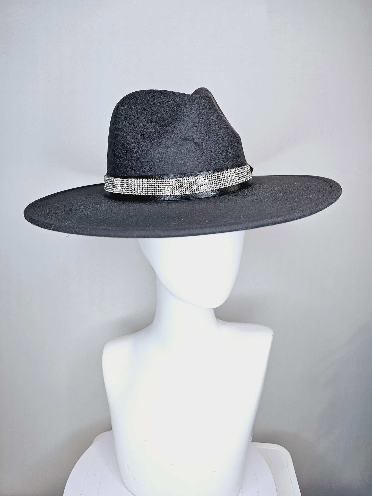 kentucky derby hat wide brim black felt fedora rancher panama hat with crystal band with stunning vegan leather and gold horsebit  decor