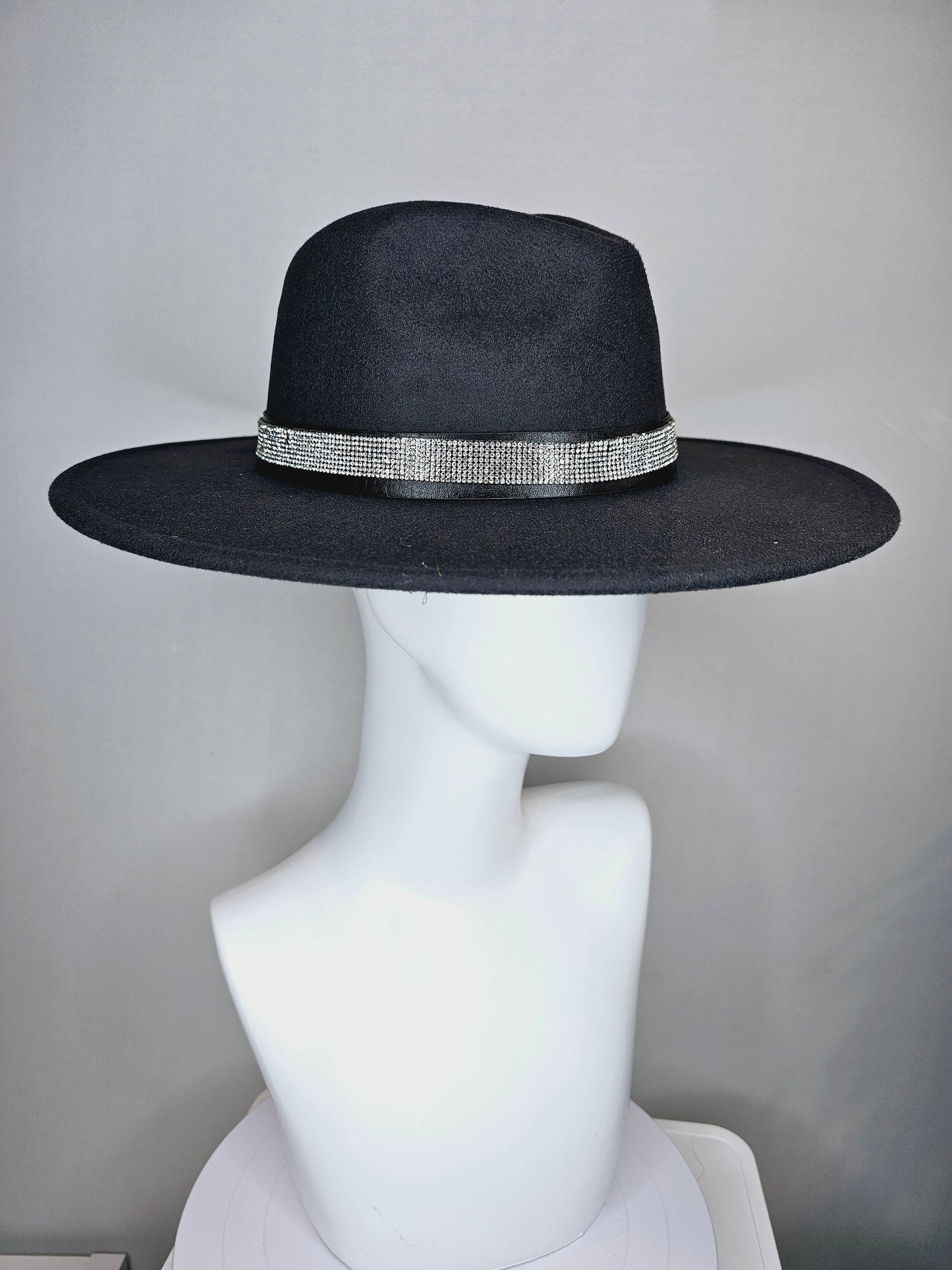 kentucky derby hat wide brim black felt fedora rancher panama hat with crystal band with stunning vegan leather and gold horsebit  decor
