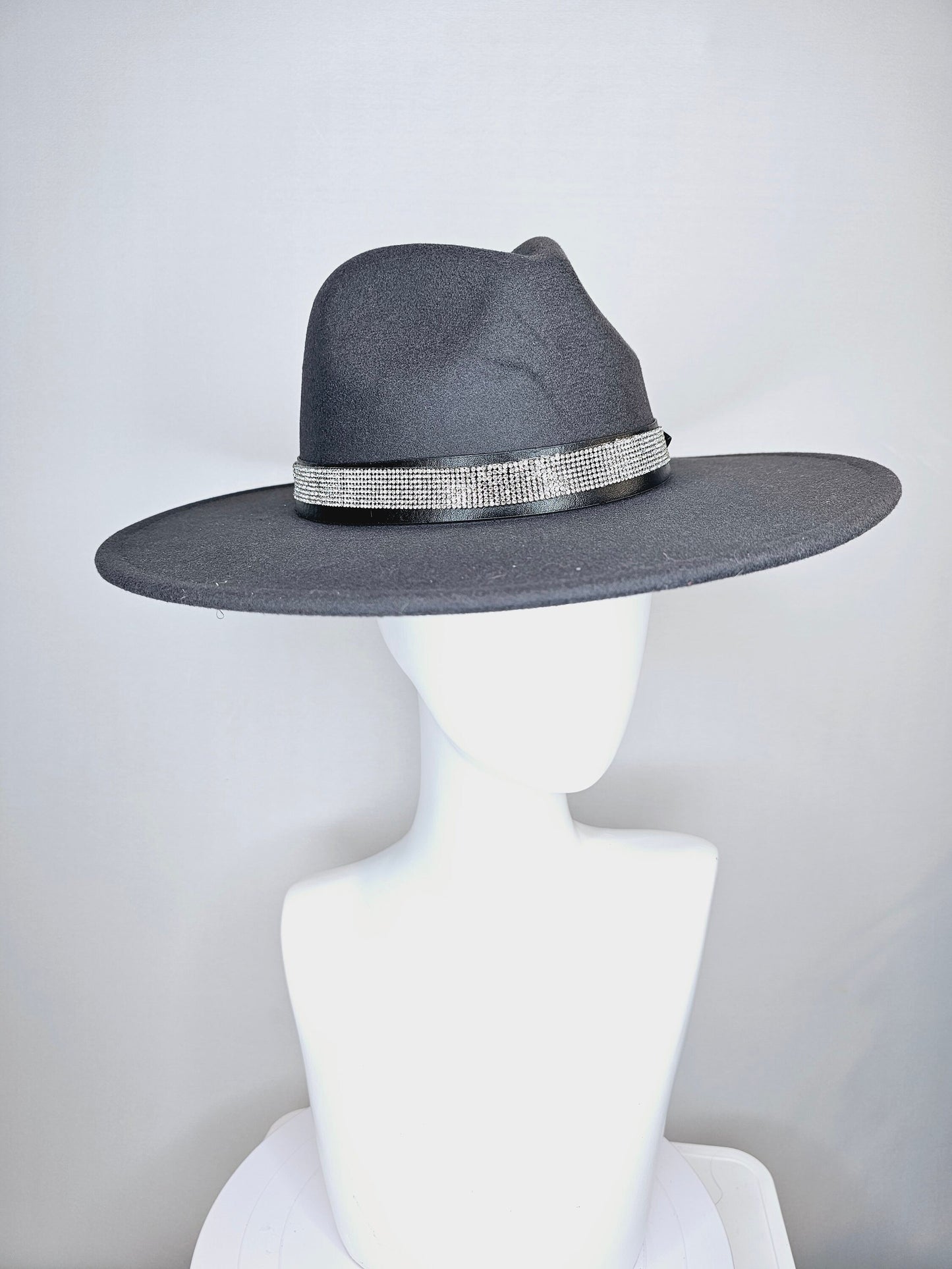 kentucky derby hat wide brim black felt fedora rancher panama hat with crystal band with stunning vegan leather and gold horsebit  decor