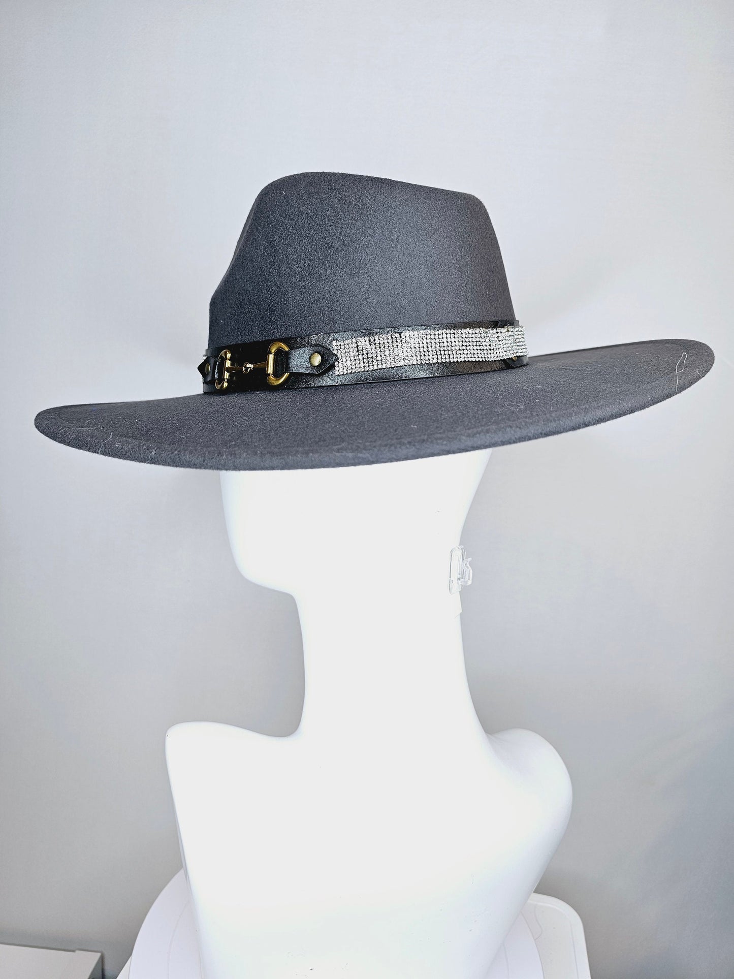 kentucky derby hat wide brim black felt fedora rancher panama hat with crystal band with stunning vegan leather and gold horsebit  decor