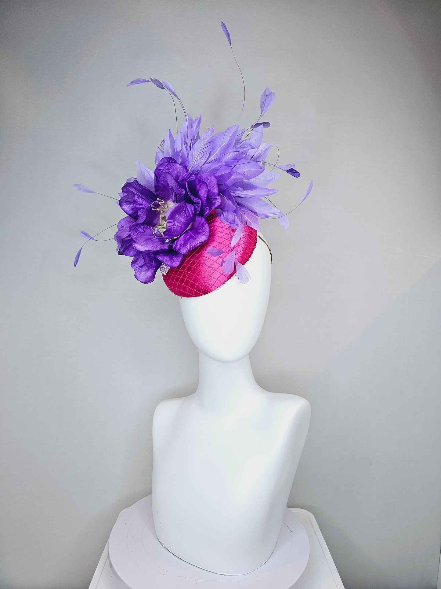 kentucky derby hat fascinator bright hot pink magenta satin with large purple peony flower with purple lavender feathers