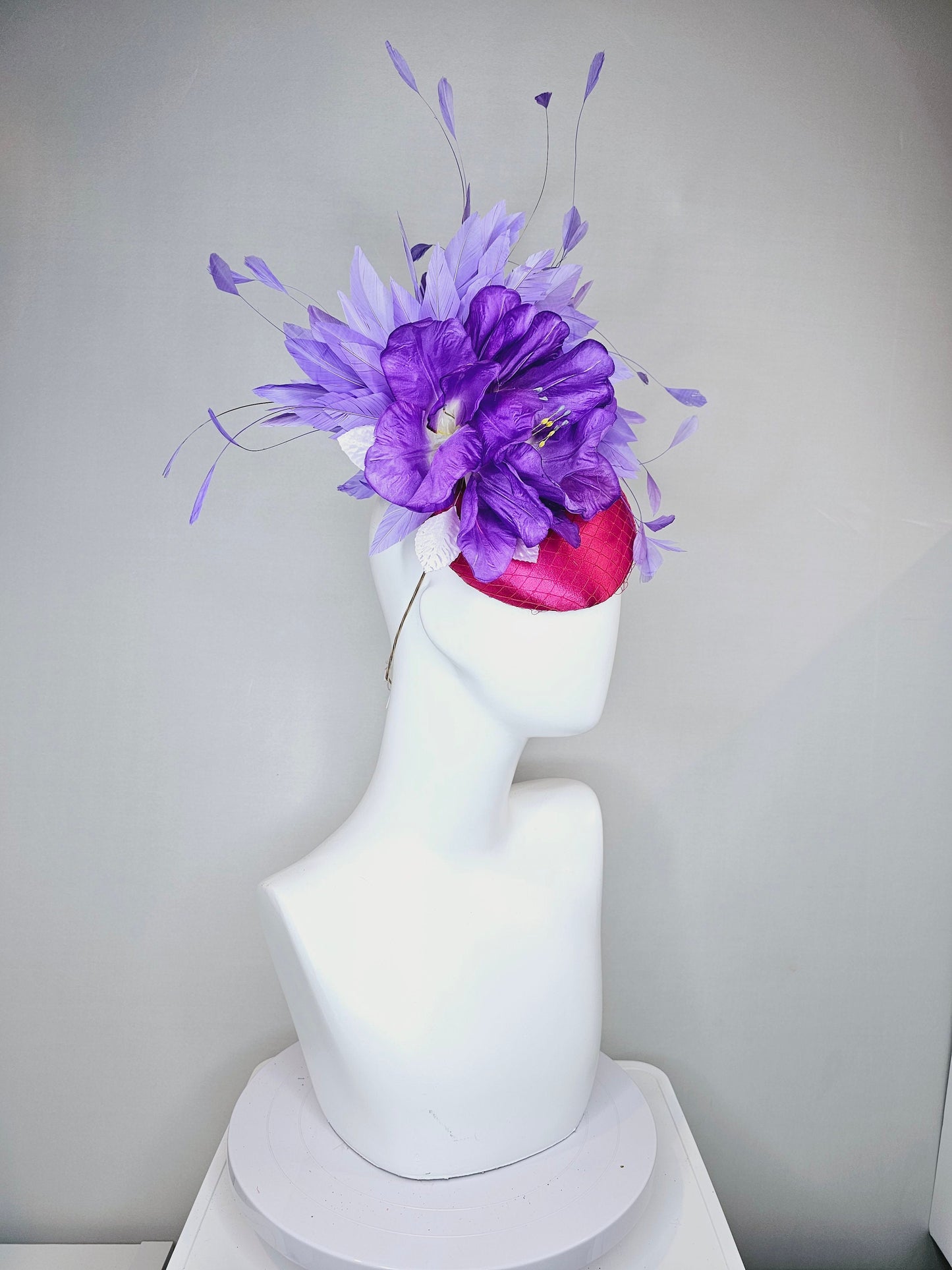 kentucky derby hat fascinator bright hot pink magenta satin with large purple peony flower with purple lavender feathers