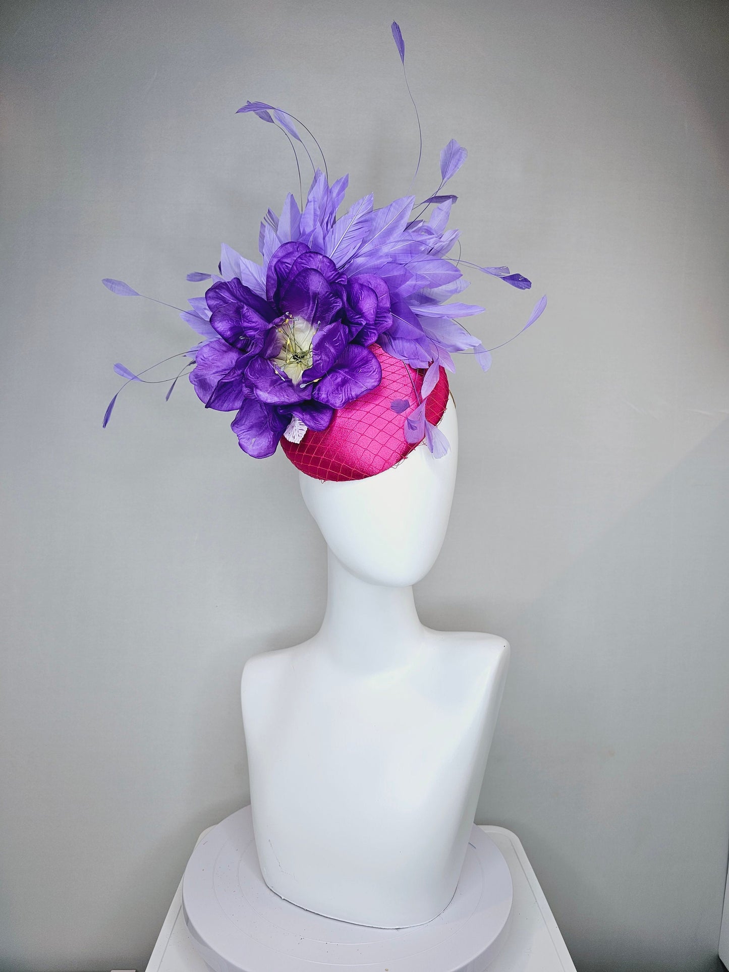 kentucky derby hat fascinator bright hot pink magenta satin with large purple peony flower with purple lavender feathers