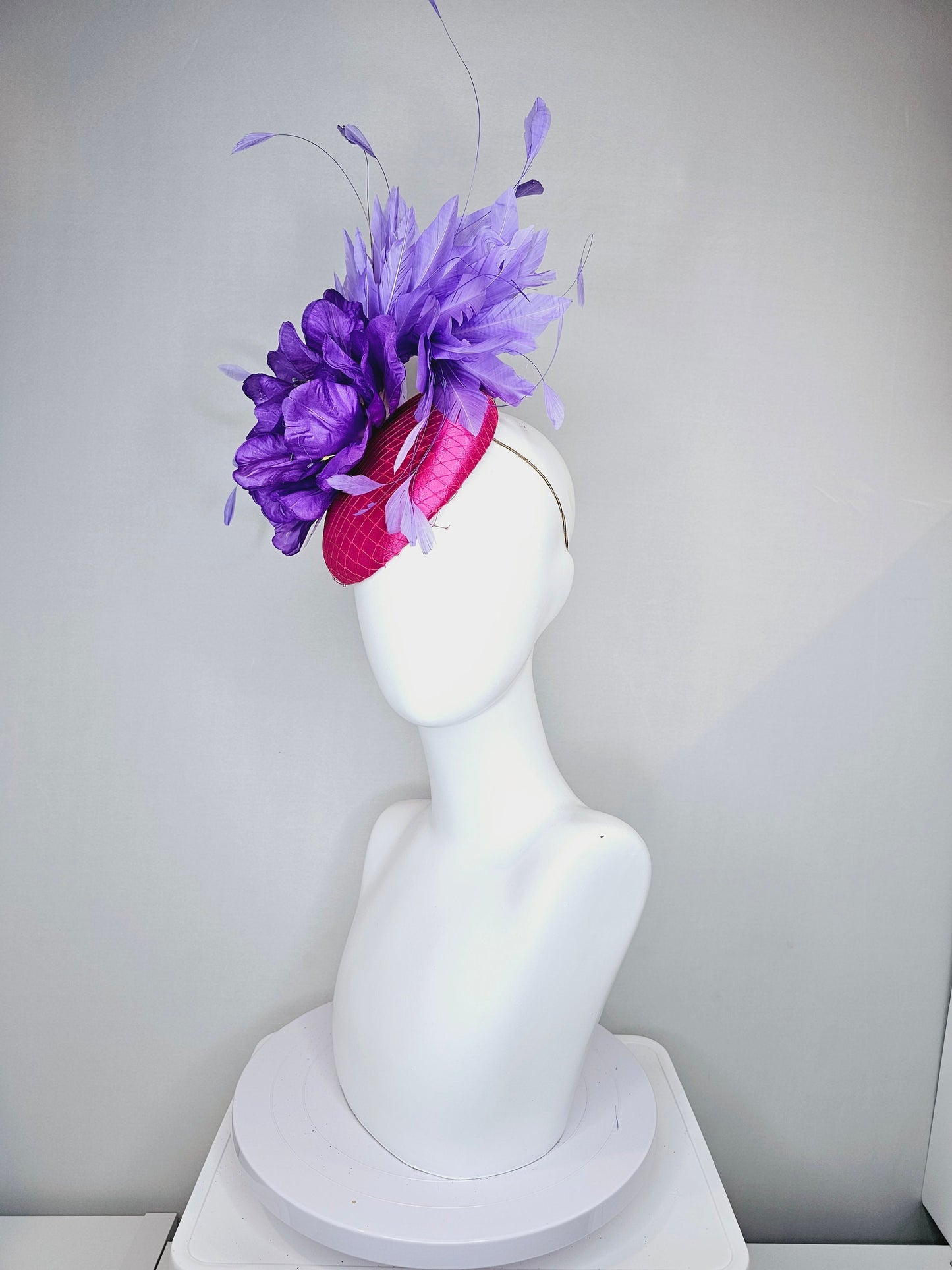 kentucky derby hat fascinator bright hot pink magenta satin with large purple peony flower with purple lavender feathers