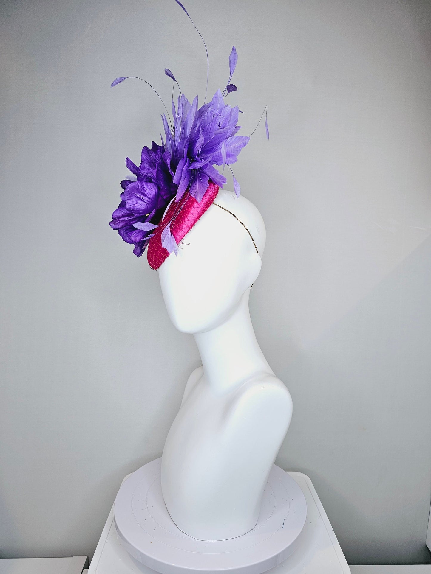 kentucky derby hat fascinator bright hot pink magenta satin with large purple peony flower with purple lavender feathers