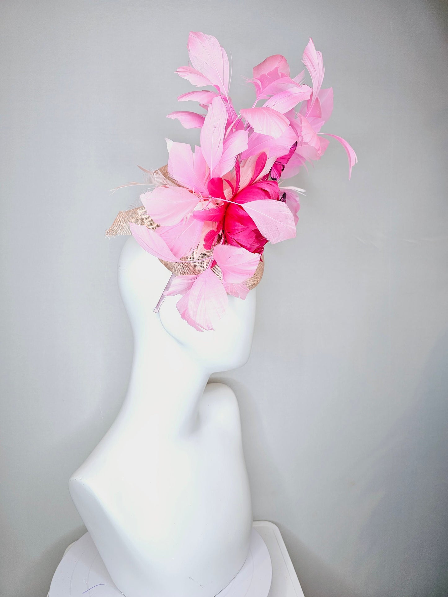 kentucky derby hat fascinator blush light pink sinamay with bright pink feather flower with pink feathers and pink butterflies