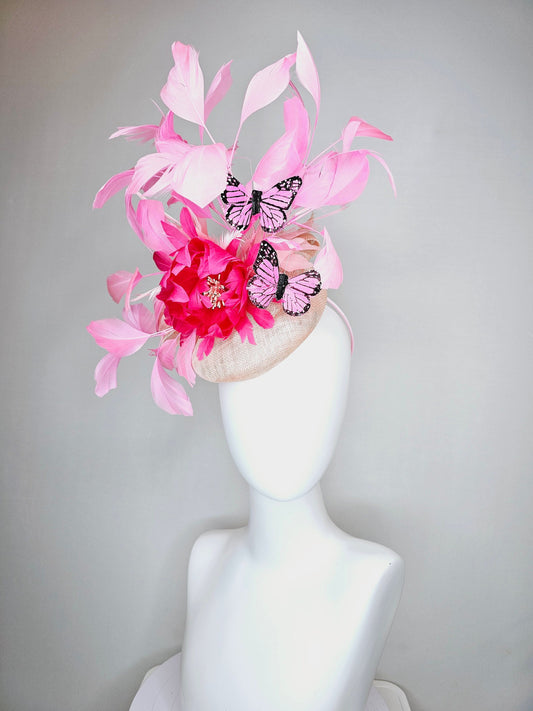 kentucky derby hat fascinator blush light pink sinamay with bright pink feather flower with pink feathers and pink butterflies