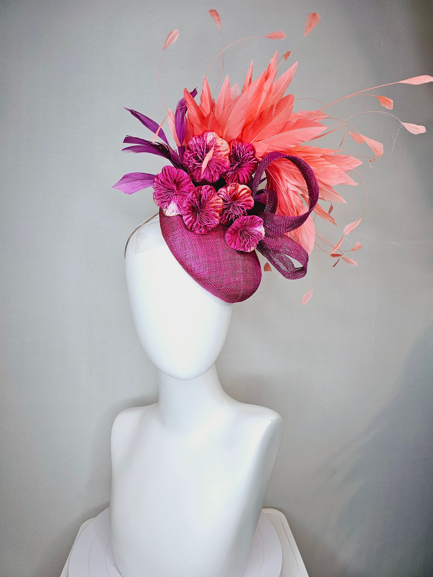 kentucky derby hat fascinator purple violet magenta sinamay with curls purple large burnt orange coral flowers with coral apricot feathers