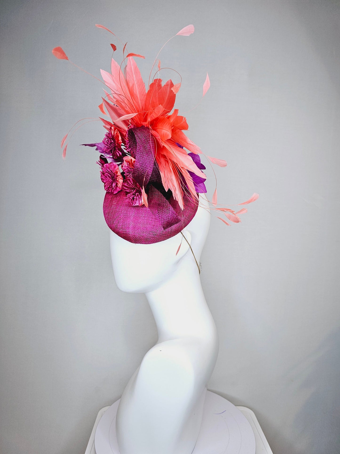 kentucky derby hat fascinator purple violet magenta sinamay with curls purple large burnt orange coral flowers with coral apricot feathers