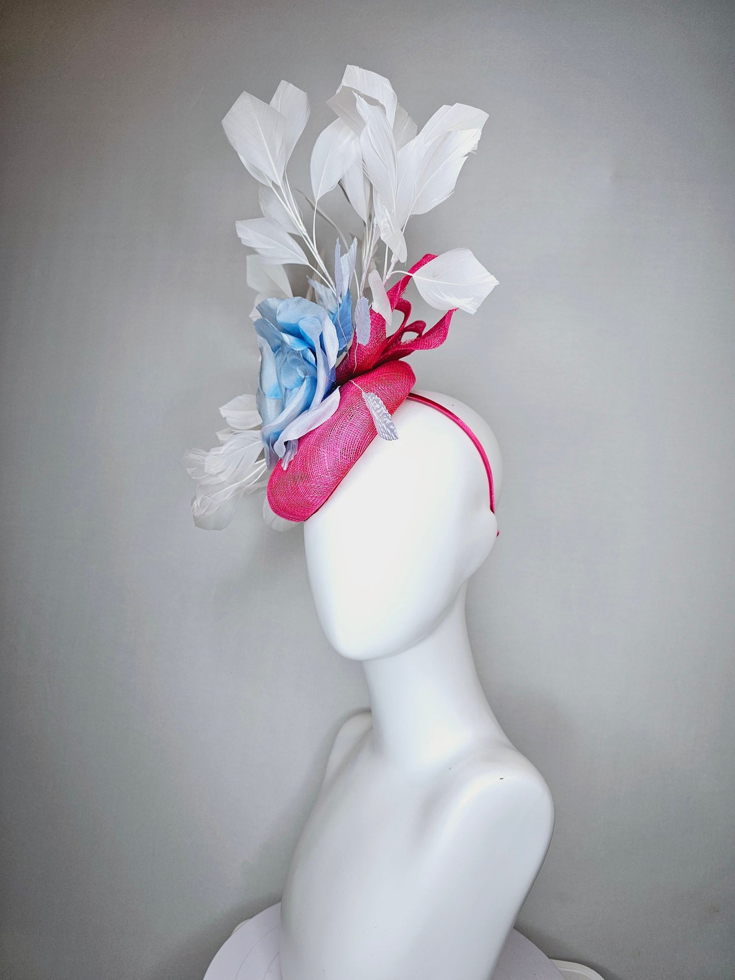 kentucky derby hat fascinator hot pink sinamay with large light blue silk rose flower and white  feathers