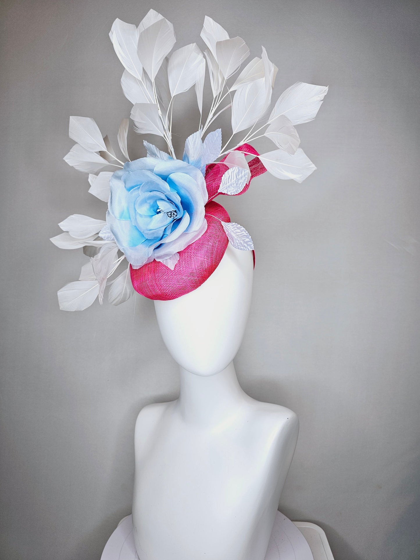 kentucky derby hat fascinator hot pink sinamay with large light blue silk rose flower and white  feathers