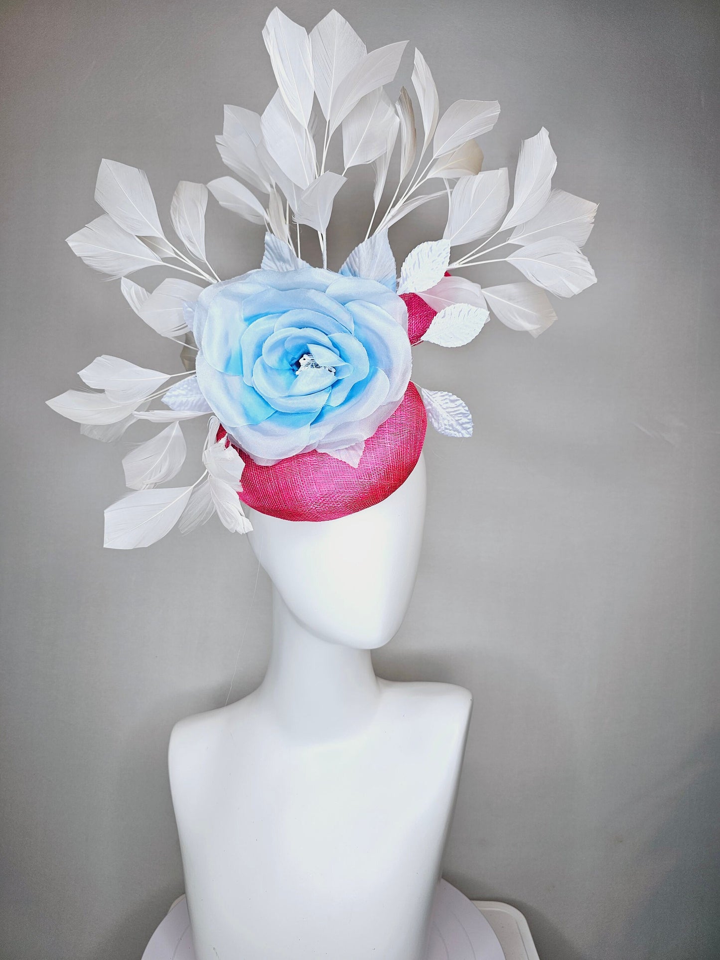 kentucky derby hat fascinator hot pink sinamay with large light blue silk rose flower and white  feathers