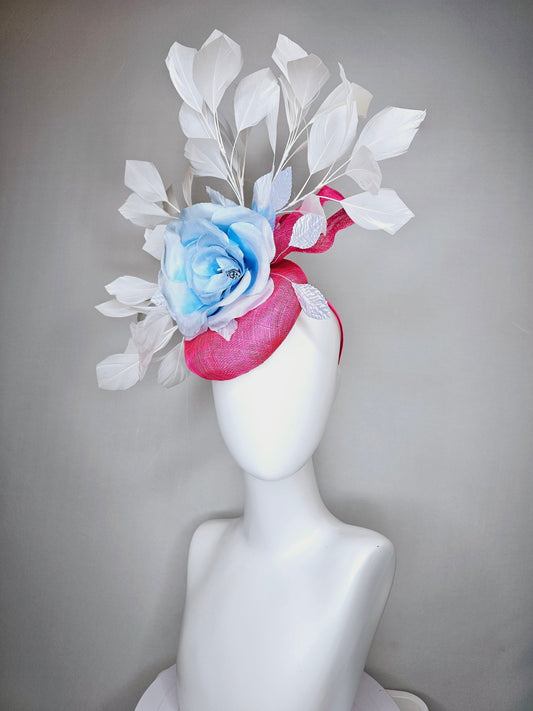 kentucky derby hat fascinator hot pink sinamay with large light blue silk rose flower and white  feathers