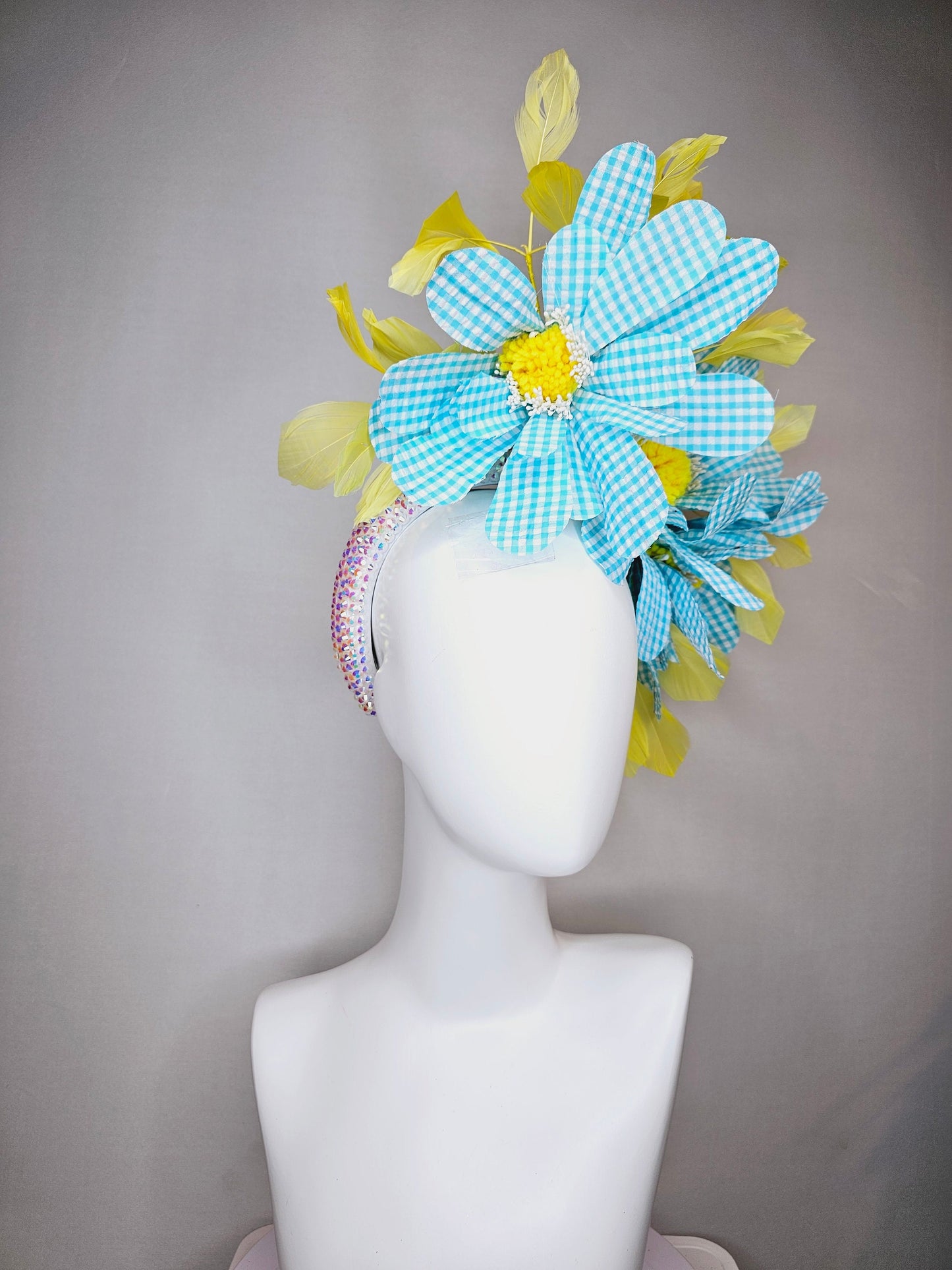 kentucky derby hat fascinator white aurora iridescent crystal rhinestone headband turquoise gingham flowers yellow feathers