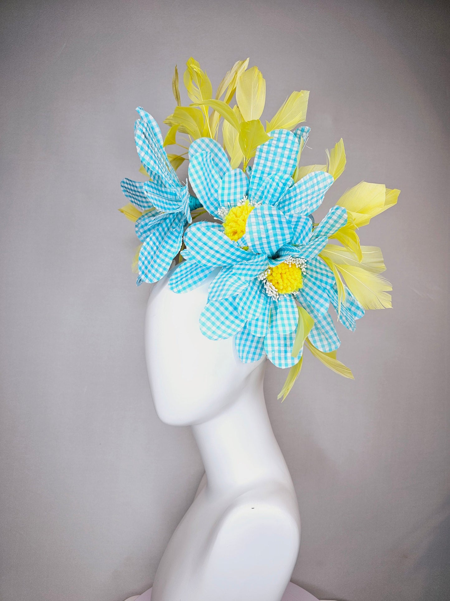 kentucky derby hat fascinator white aurora iridescent crystal rhinestone headband turquoise gingham flowers yellow feathers