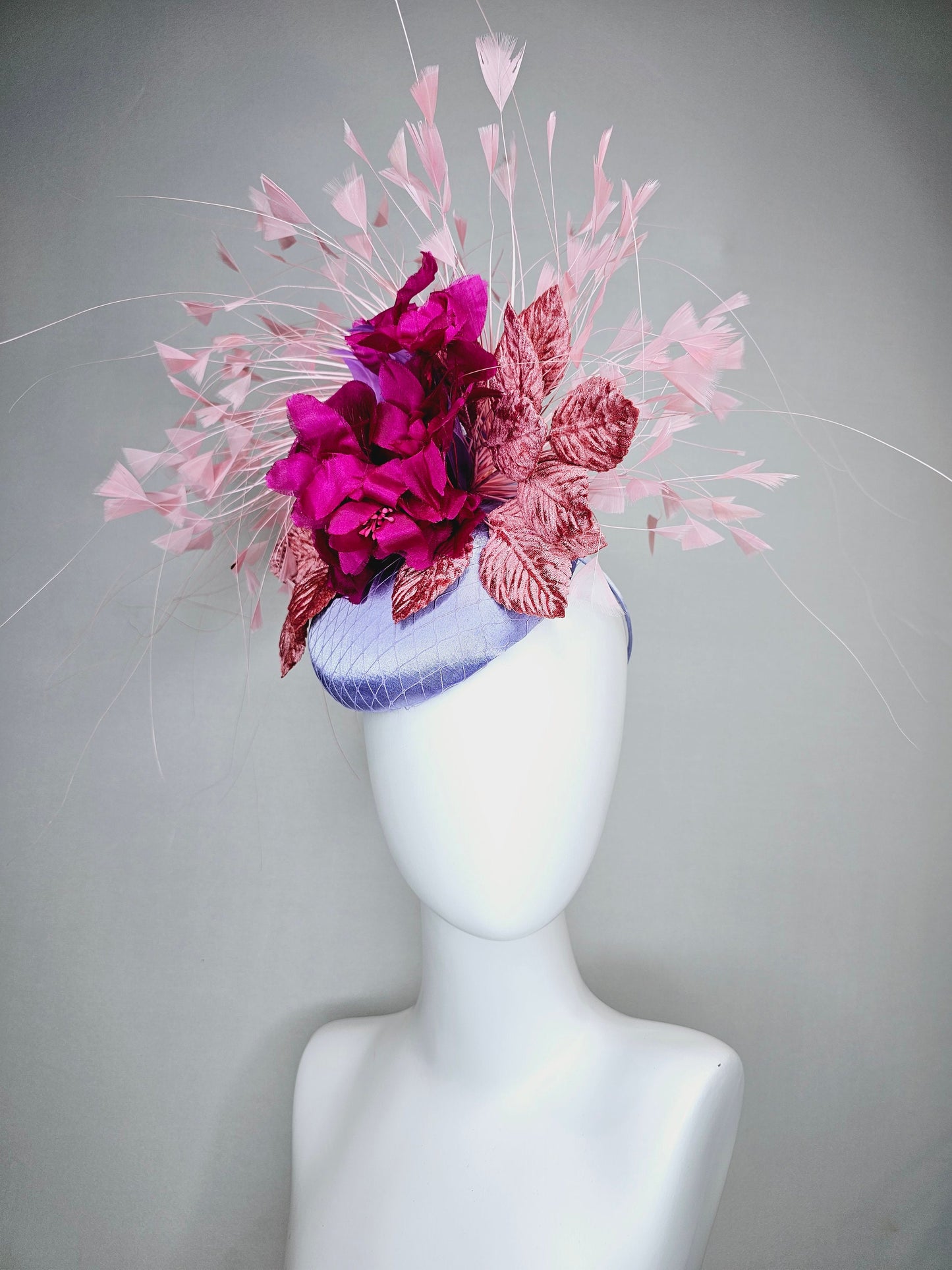 kentucky derby hat fascinator lavender light blue satin magenta fuchsia hot pink silk flowers  pink feathers and leaves