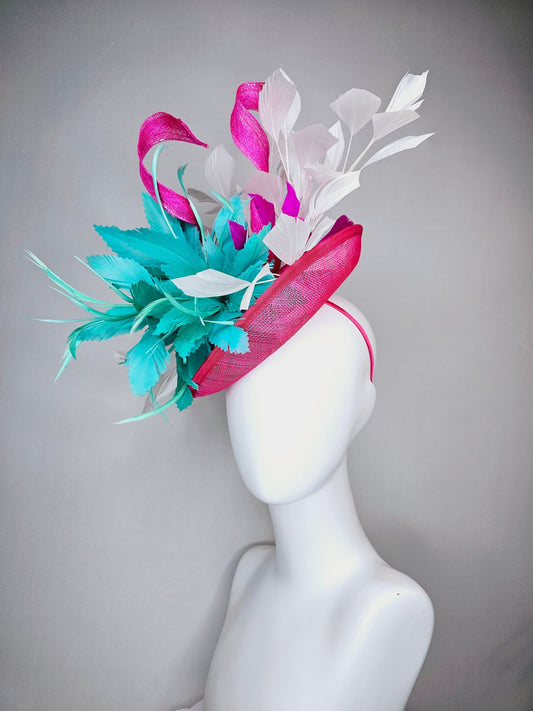 kentucky derby hat fascinator hot pink sinamay saucer with curls white feathers and  green feather flower