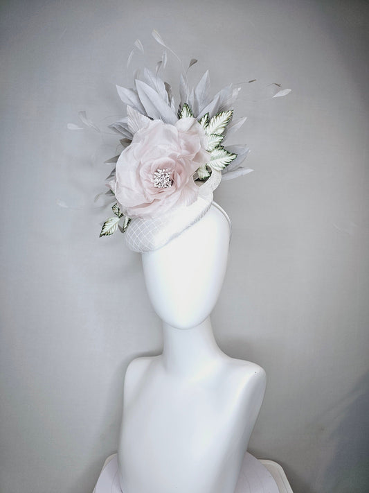 kentucky derby hat fascinator white satin with taupe lavender silver gray rose flower with gray feather spray and gray satin feathers