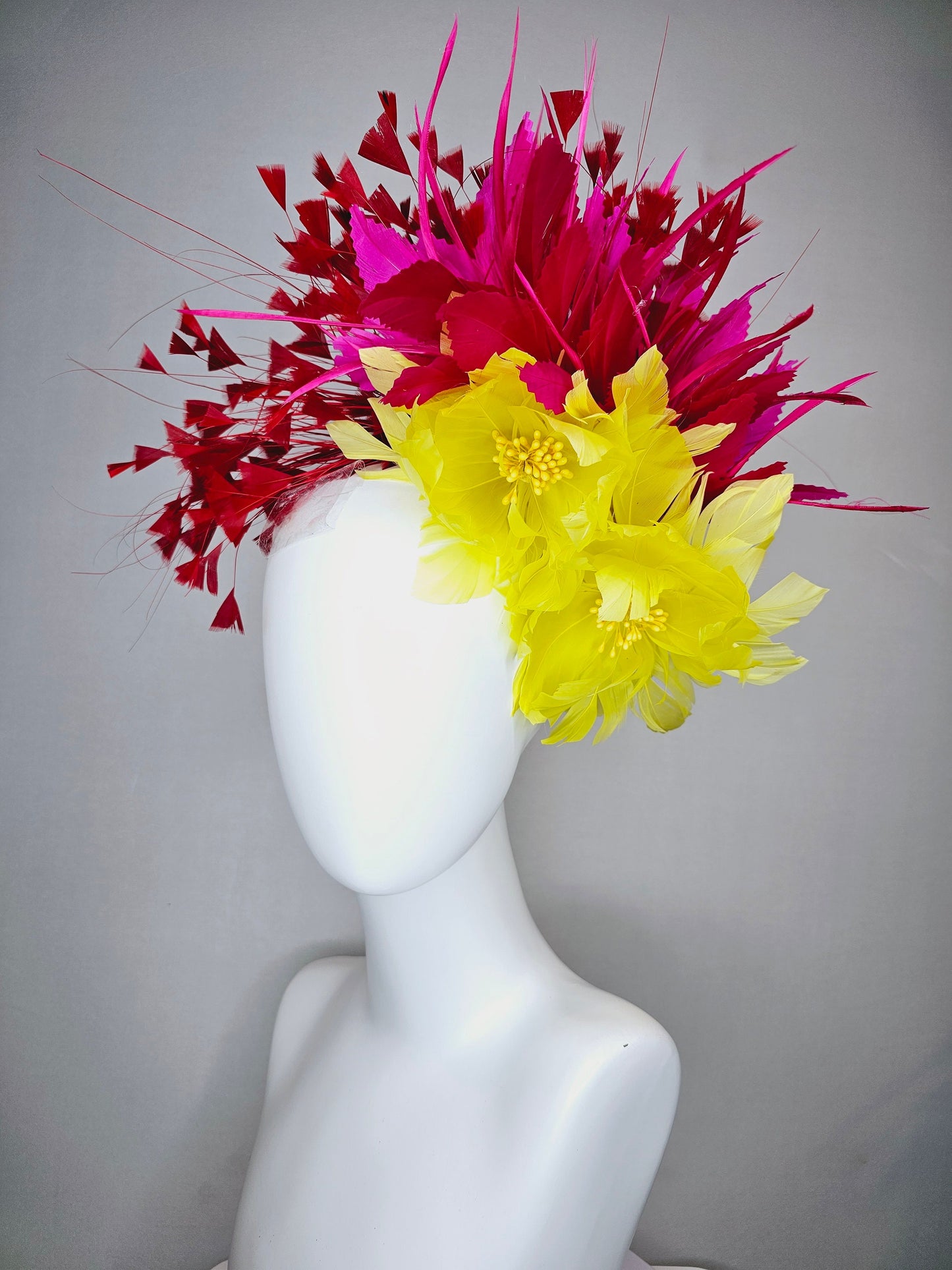 kentucky derby hat fascinator large yellow feather flowers with bright pink and red feathers thin headband