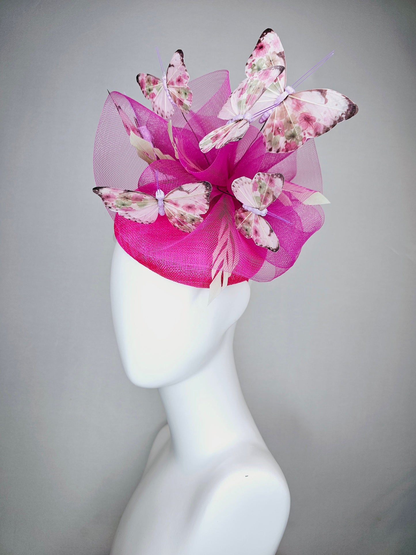 kentucky derby hat fascinator bright hot pink fuchsia sinamay with matching crinoline light pink floral green  butterflies