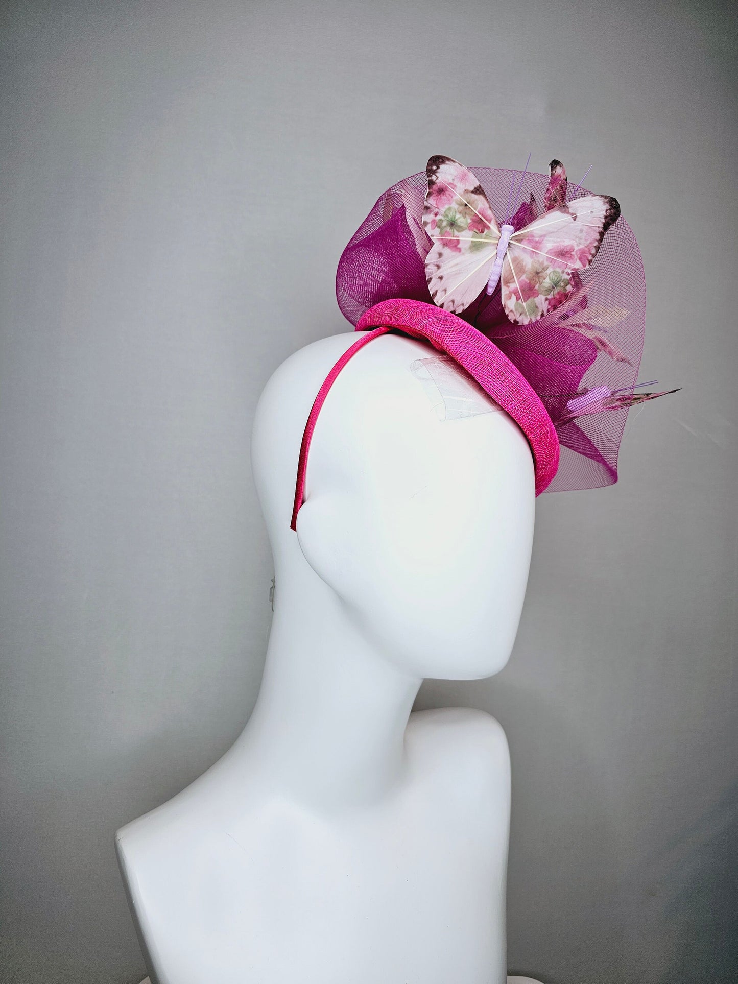 kentucky derby hat fascinator bright hot pink fuchsia sinamay with matching crinoline light pink floral green  butterflies