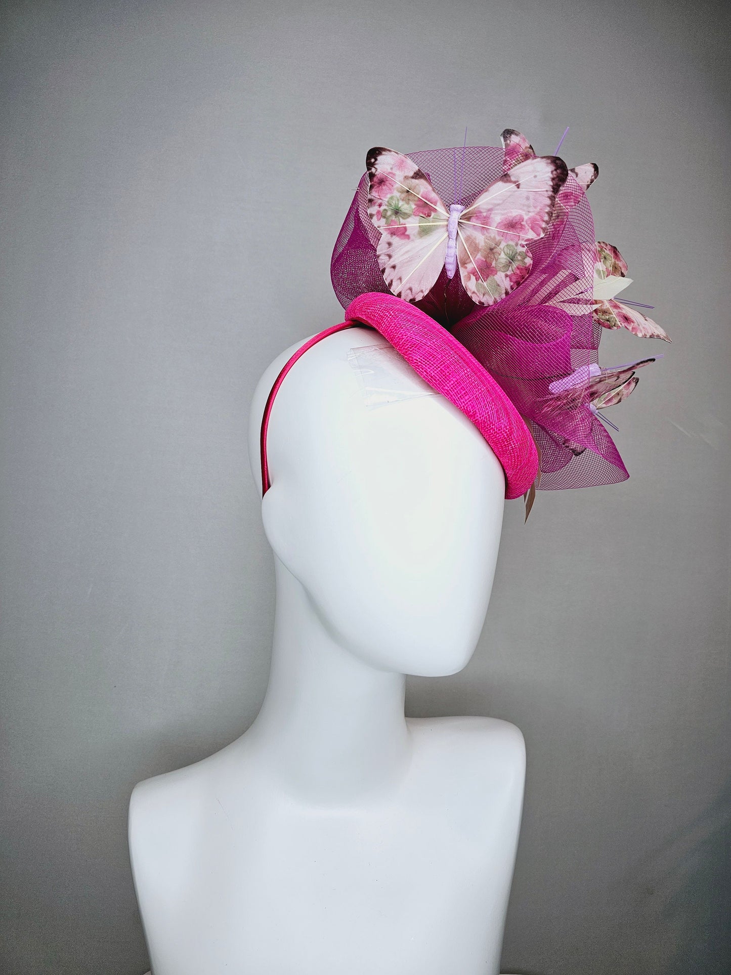 kentucky derby hat fascinator bright hot pink fuchsia sinamay with matching crinoline light pink floral green  butterflies