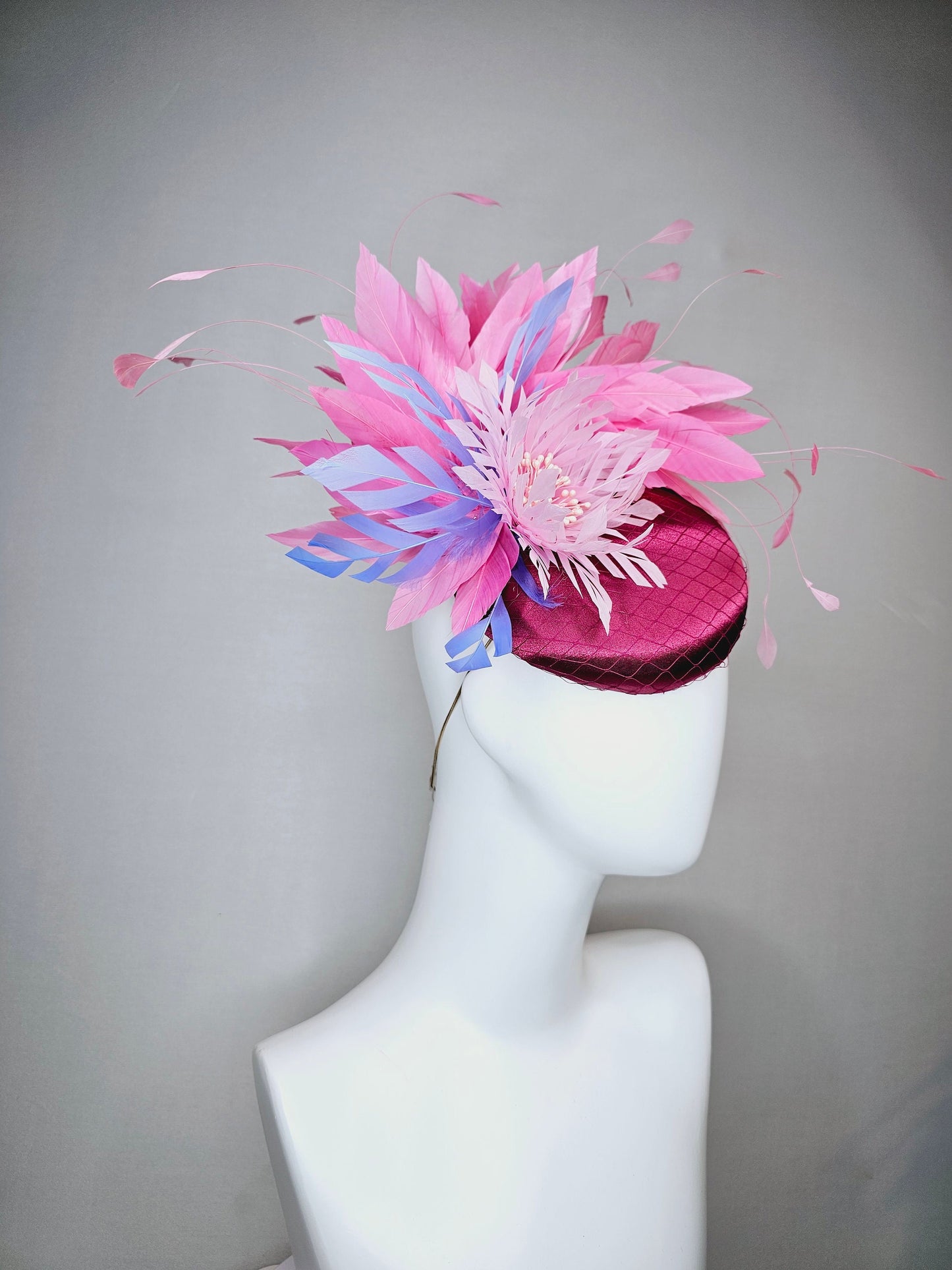 kentucky derby hat fascinator magenta purple pink fuchsia satin with pink feathers lavender pink blue feather flower