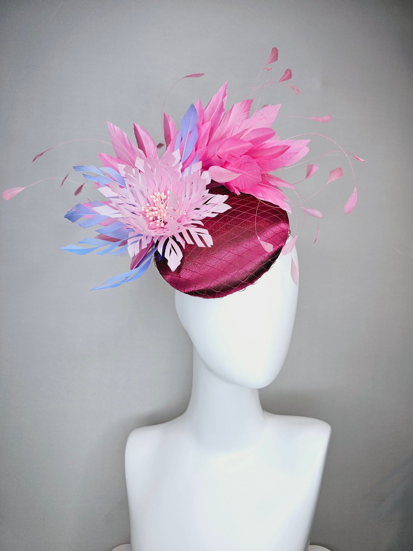 kentucky derby hat fascinator magenta purple pink fuchsia satin with pink feathers lavender pink blue feather flower