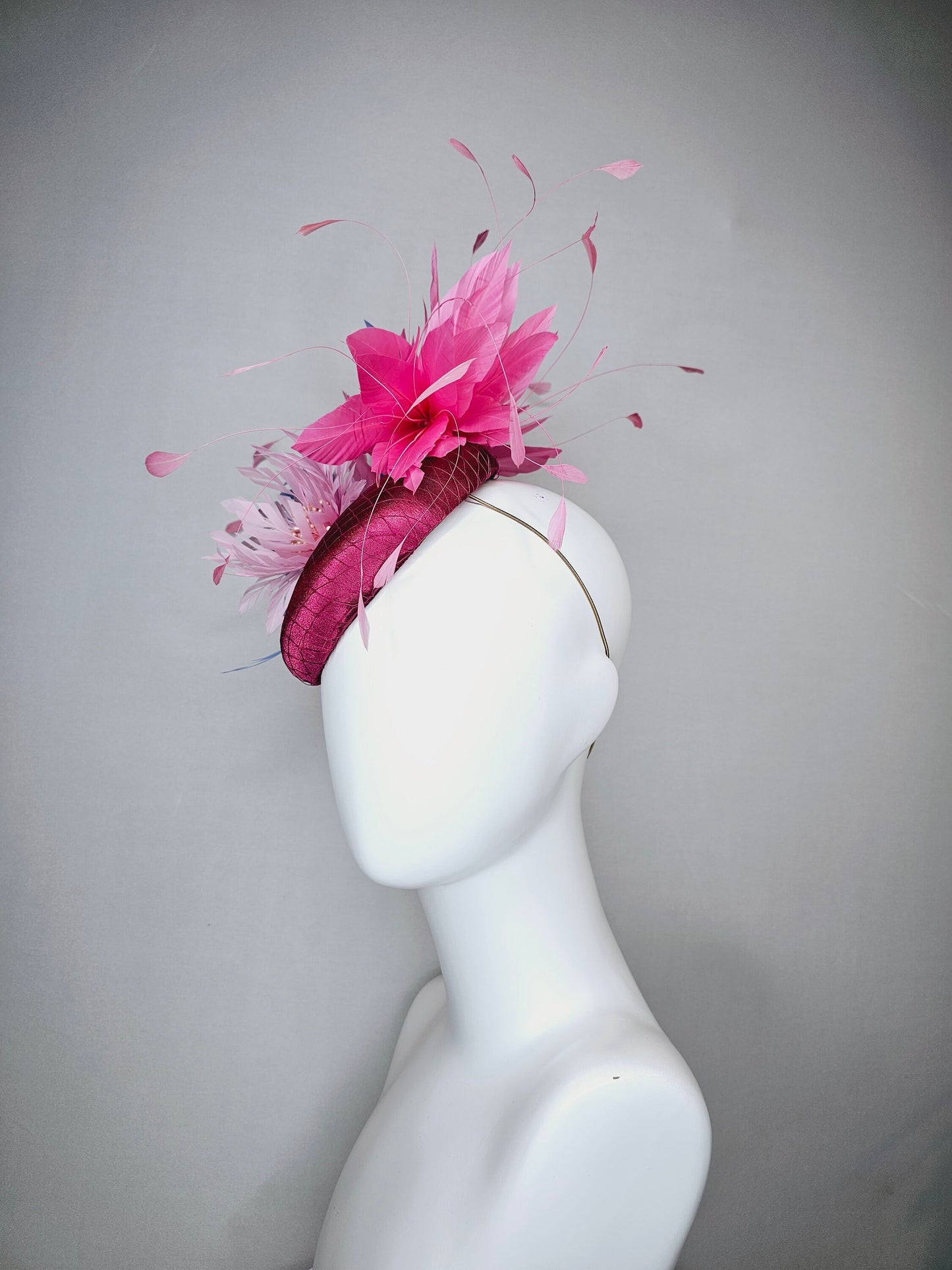 kentucky derby hat fascinator magenta purple pink fuchsia satin with pink feathers lavender pink blue feather flower