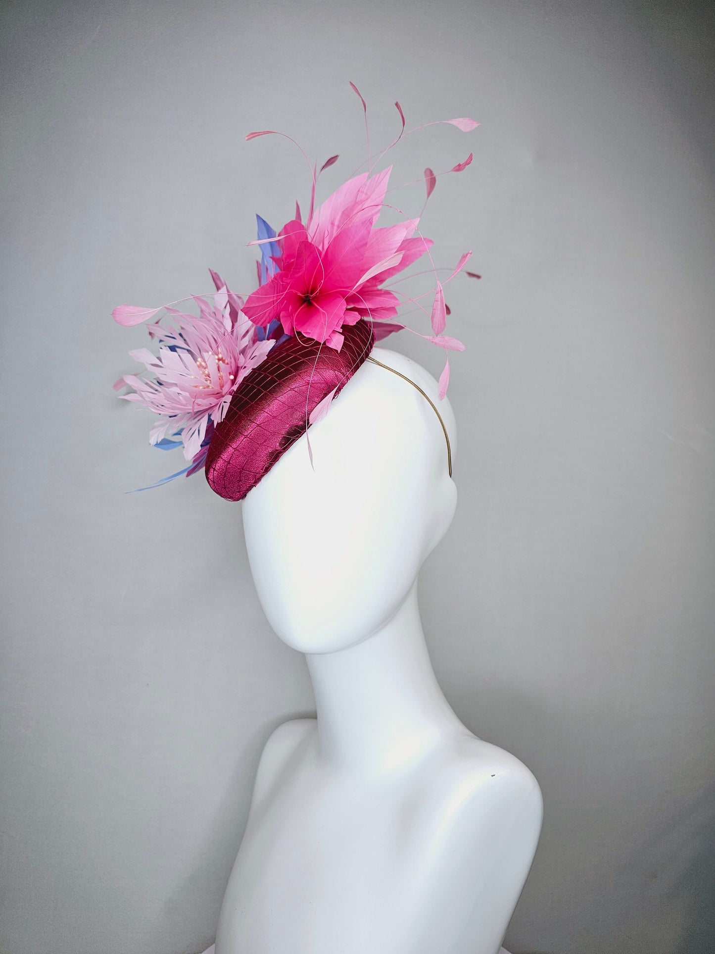 kentucky derby hat fascinator magenta purple pink fuchsia satin with pink feathers lavender pink blue feather flower