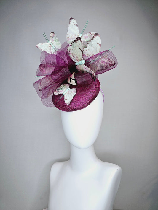 kentucky derby hat fascinator purple violet sinamay with matching crinoline light pink lavender mint floral green  butterflies