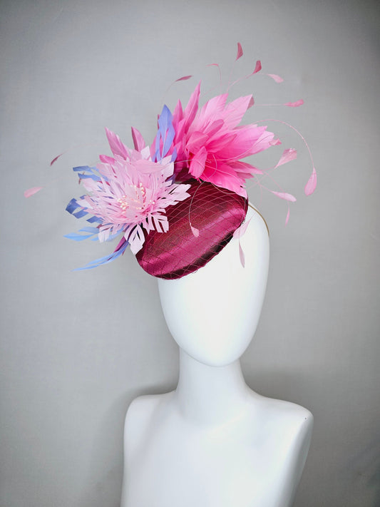 kentucky derby hat fascinator magenta purple pink fuchsia satin with pink feathers lavender pink blue feather flower