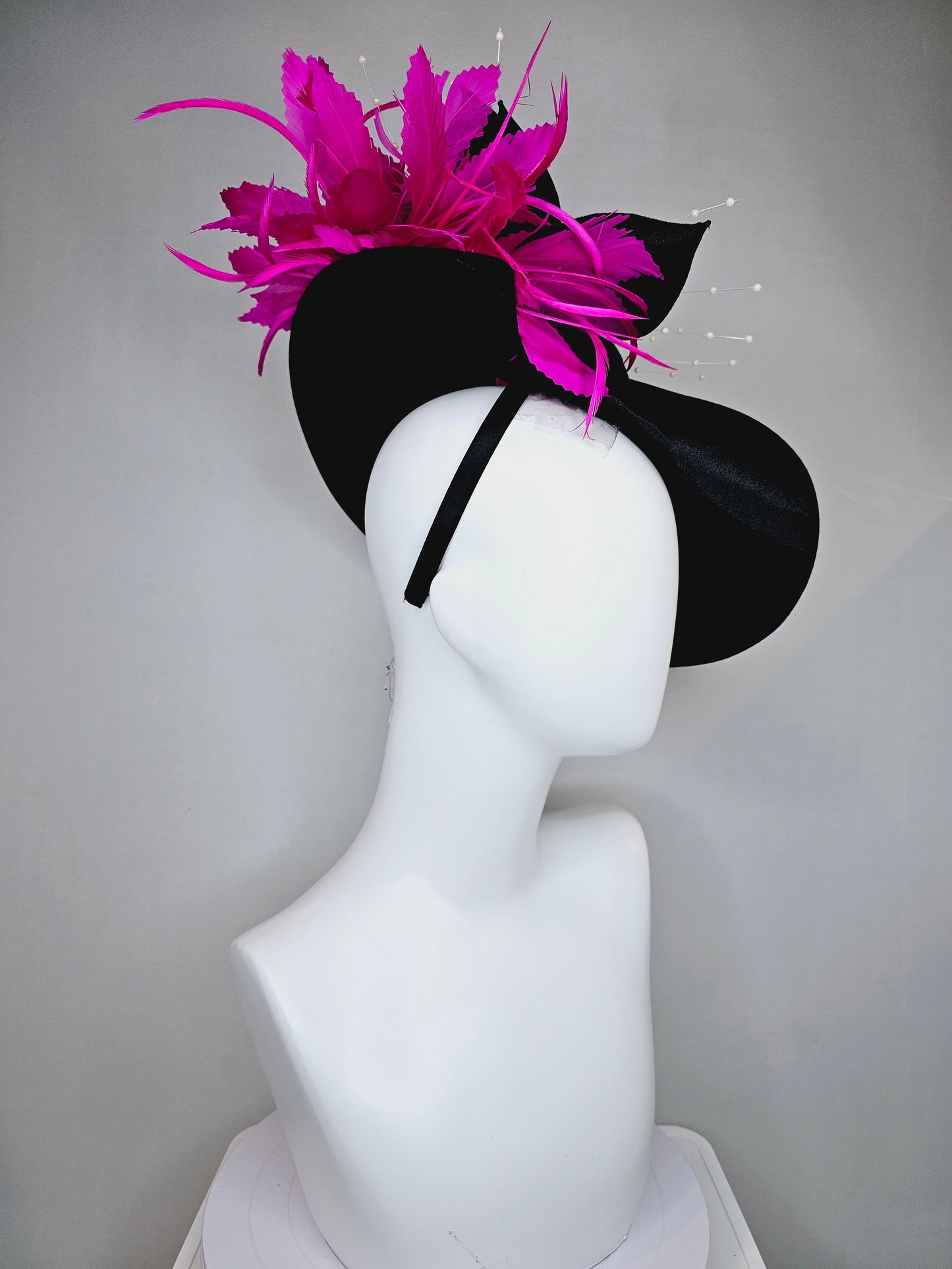 kentucky derby hat fascinator black satin saucer with airbrush pink and white letter decor pink feathers white pearls