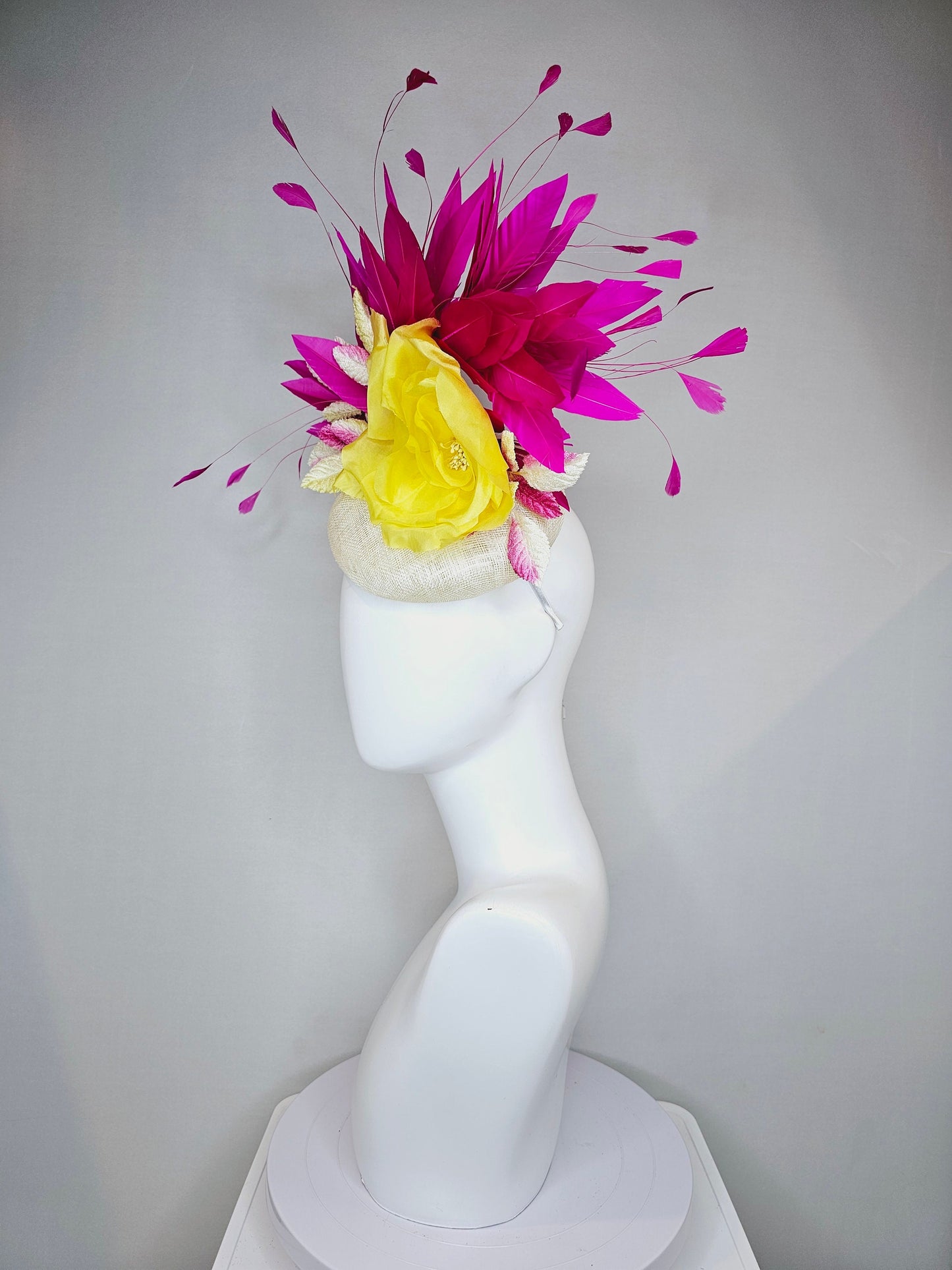 kentucky derby hat fascinator white sinamay pink and yellow leaves blush pink yellow silk flower and hot pink fuchsia feathers