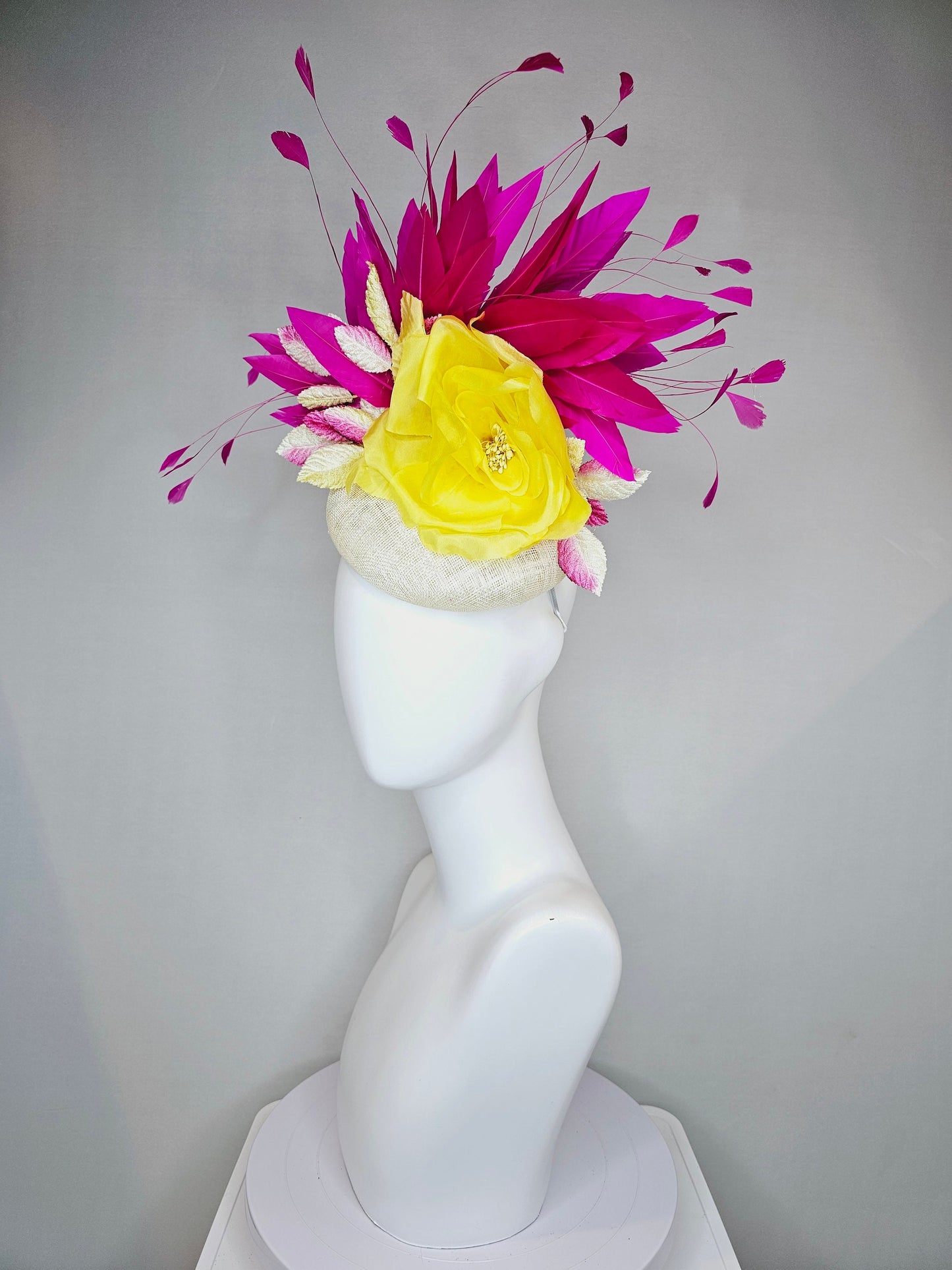 kentucky derby hat fascinator white sinamay pink and yellow leaves blush pink yellow silk flower and hot pink fuchsia feathers