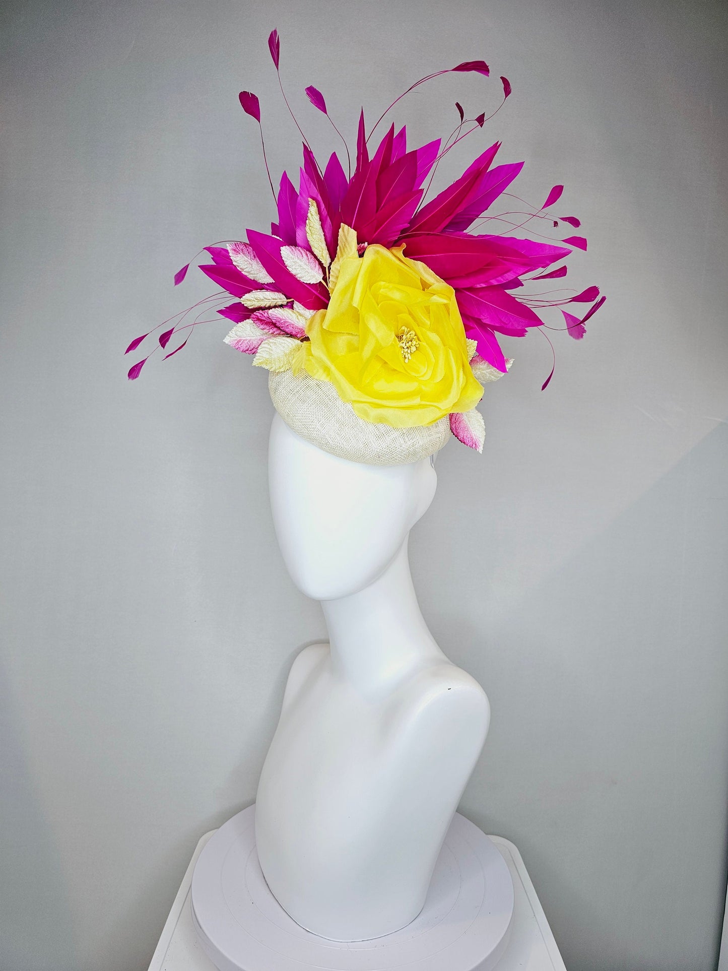 kentucky derby hat fascinator white sinamay pink and yellow leaves blush pink yellow silk flower and hot pink fuchsia feathers