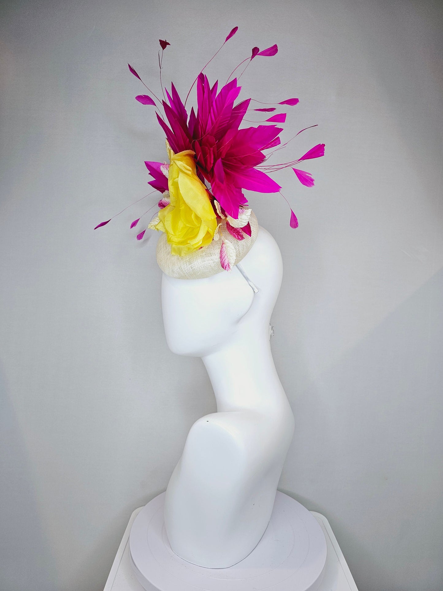 kentucky derby hat fascinator white sinamay pink and yellow leaves blush pink yellow silk flower and hot pink fuchsia feathers