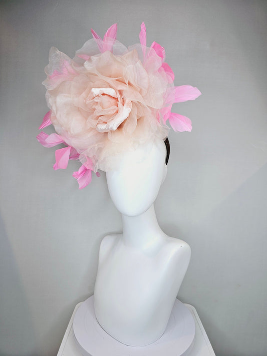 kentucky derby hat fascinator large blush light pink  organza velvet rose flower and bright pink feathers